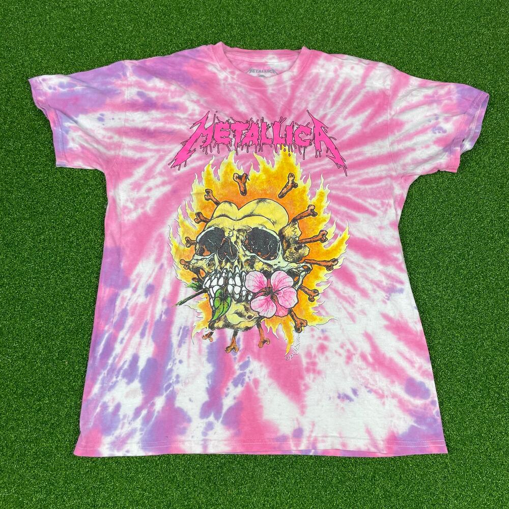 Metallica Flaming Heart Skull Pink Tie Dye Music Rock Band T-Shirt Sz M